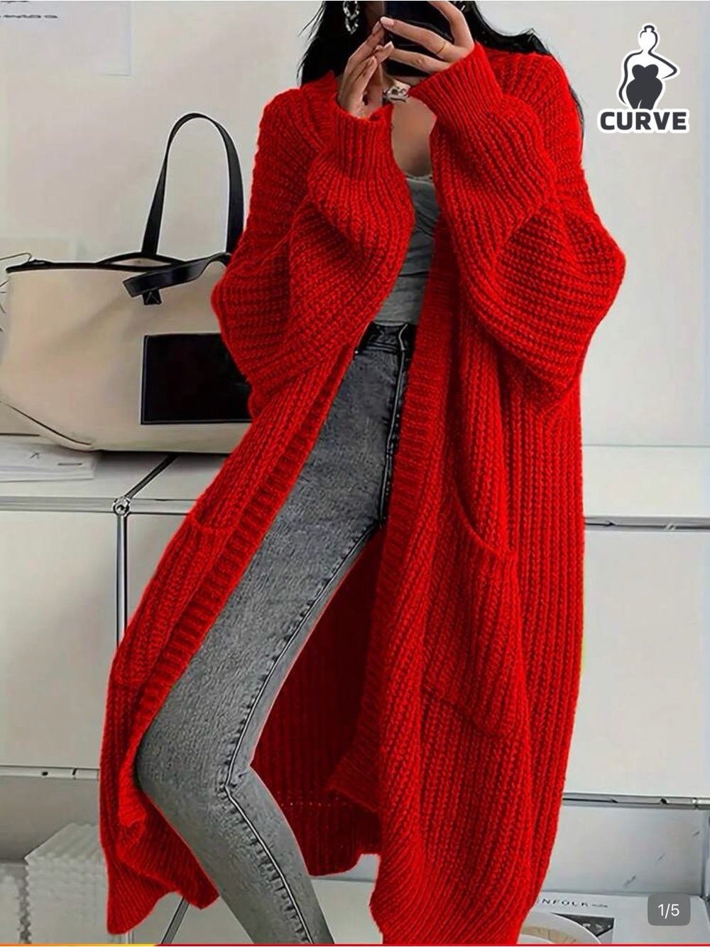 SHEIN Red Chunky Long Open-Front Cardigan
